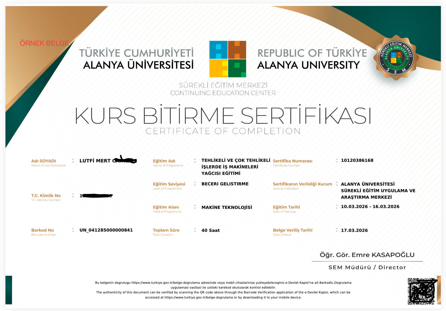 Gerçek eğitim süreçlerinden örnek belgeler (kişisel bilgiler gizlenmiştir)