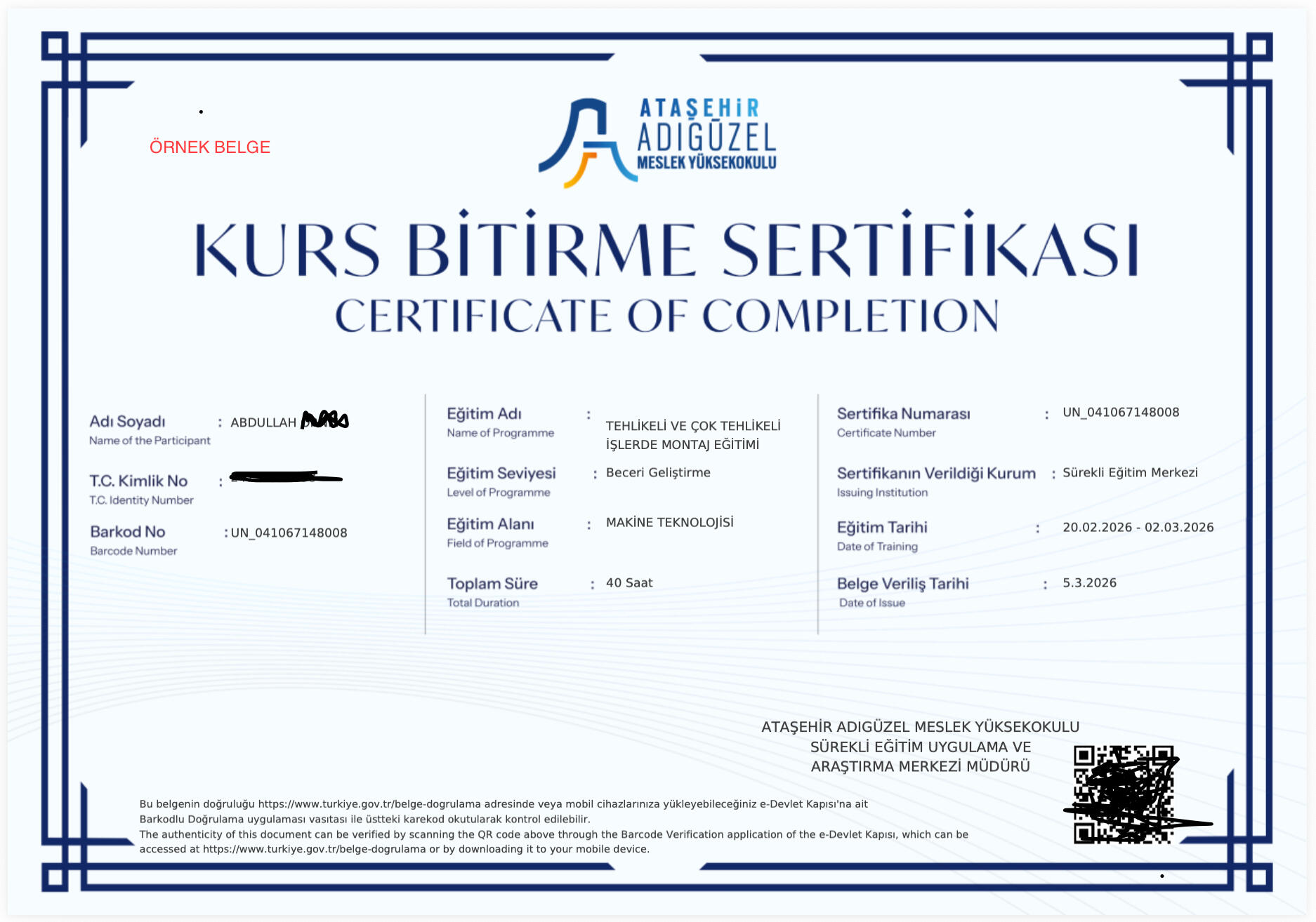 Gerçek eğitim süreçlerinden örnek belgeler (kişisel bilgiler gizlenmiştir)